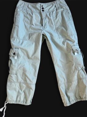 Womens Cargo Pants Size 8 Linen Cotton Pockets Wide Baggy Utility Capri Green